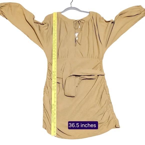 FREE PEOPLE The Only One Mini Dress Womens Small Tan Long Sleeve Ruched Tie Boho - Picture 10 of 16